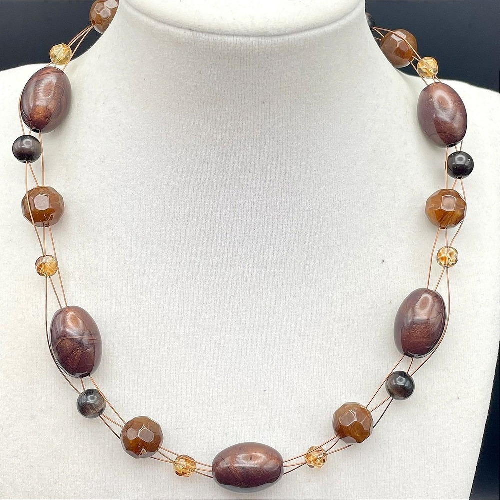 Vintage Brown Wood & Glass Bead Multi-Strand Necklace Boho‎ Layered